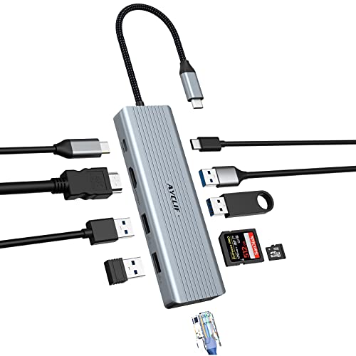 10 in 1 Dual Monitor AYCLIF USB C Hub, USB C -Dockingstation, Laptop USB C -Adapter (Gigabit Ethernet, 4K HDMI, USB 3.0, PD 100W, 3,5 mm MIC, SD/TF -Leser) für MacBook Pro/Air, HP, Lenovo, Dell von AYCLIF