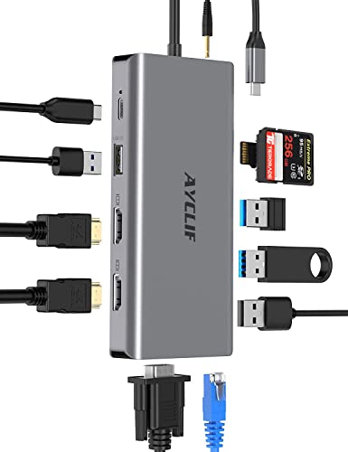 12 in 1 Docking Station, AYCLIF USB C Hub Quadruple Display Thunderbolt 4 Dock (4K Dual HDMI,VGA,Ethernet,USB 3.0,PD 3.0,SD/TF Slots,Audio) Laptop Docking Station von AYCLIF