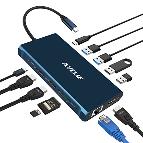 12 in 1 USB C Hub für MacBook Pro/Air, AYCLIF USB C Docking Station Triple Display 4K DP/2*HDMI, USB C Adapter (5Gbit/s USB A/C 3.0,1g Ethernet, PD 100W, 3,5 mm MIC, SD/TF) für Dell, HP, Lenovo von AYCLIF