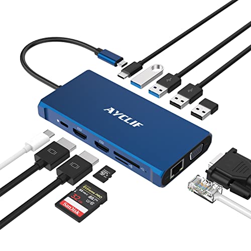 AYCLIF Laptop USB C Docking Station 12 in 1 Triple Display USB C Hub Dock für MacBook & Windows (HDMI, VGA, PD 100W, Ethernet, SD/TF Kartenleser, Audio, 3 USB Ports) von AYCLIF