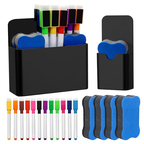 AYSYR Whiteboard Marker Lehrerbedarf Set,12 White Board Stifte mit 4 Schwamm Magnetisch,Whiteboard Stifte Abwischbar mit 2 Stifthalter Magnetisch,School Zubehör Leicht zu Lagern von AYSYR