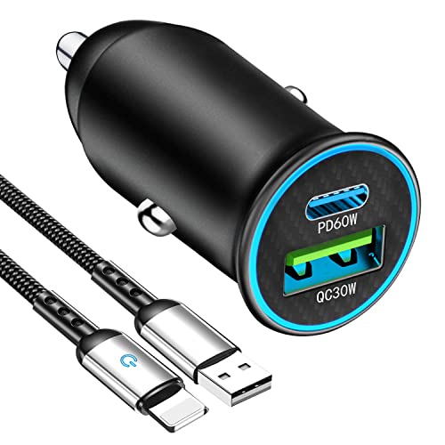 Zigarettenanzünder USB, [60W PD & 30W QC 3.0] Auto Ladegerät, Auto USB Adapter KFZ ladegerät Schnellladung mit Lightning Kabel für iPhone 14 13 12 11 Galaxy Pixel iPad Laptops AirPods Switch LG etc von AYUBOC