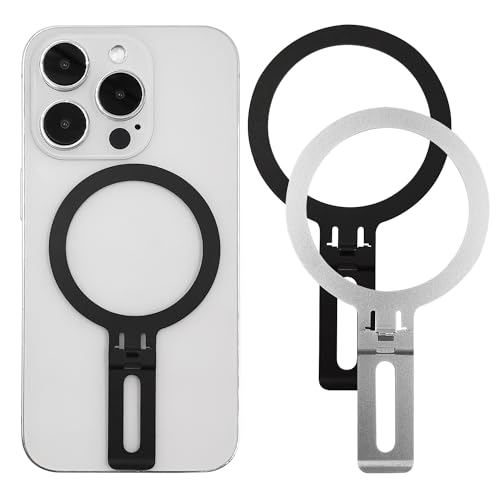 2 Pack Universal Metall Ring Adapter und 2 in 1 Telefonhalter, Ultra Dünn Ringe Aufkleber Kompatibel mit Magsafe Zubehör iPhone 15 Pro Max Mini Galaxy Auto Ladegerät Wireless Charging, Schwarz/Silber von AYWFEY