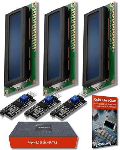 AZDelivery 3 x HD44780 16x2 LCD Modul Display Bundle mit I2C Schnittstelle 2x16 Zeichen kompatibel mit Arduino und Raspberry Pi inklusive E-Book! (mit Blauem Hintergrund und Weißen Zeichen) von AZDelivery