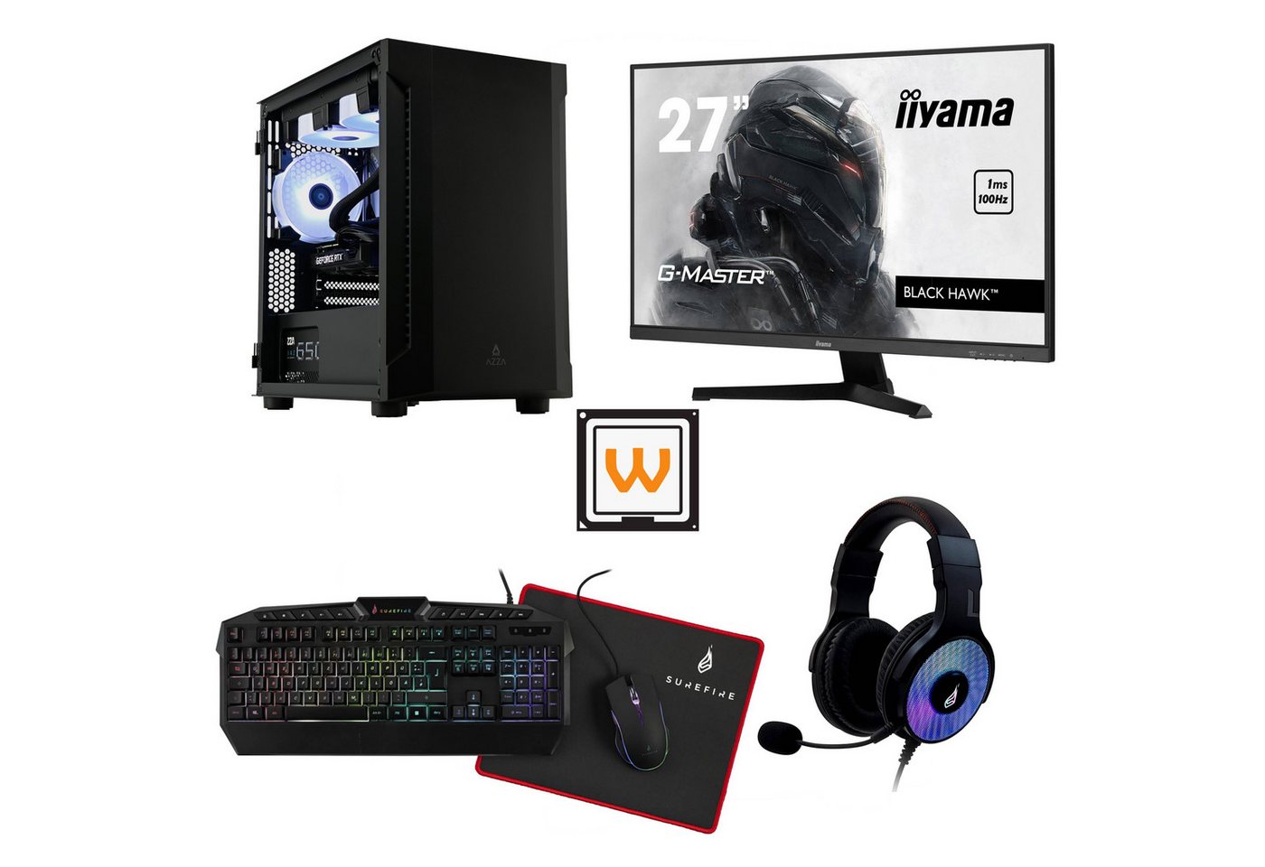 AZZA Bastion 120 Bundle Gaming-PC (27 Zoll, AMD Ryzen 5 5600X, 16 GB RAM, 250 GB SSD, Wasserkühlung, Ryzen 5 5600X, RTX 3050 6GB, WLAN+BT, Windows 11 Pro, Wasserkühlung) von AZZA