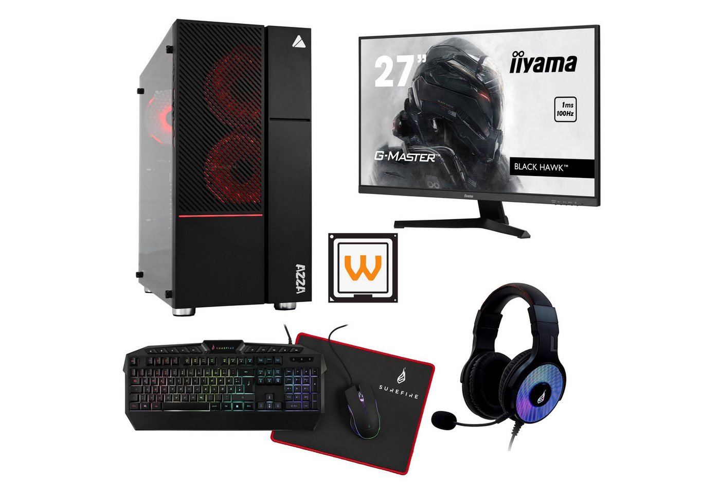 AZZA Iris 330 Bundle Gaming-PC (27 Zoll, AMD Ryzen 5 5600X, RTX 3050 6GB, 16 GB RAM, 250 GB SSD, Wasserkühlung, Ryzen 5 5600X, RTX 3050 6GB, WLAN + BT, Windows 11 Pro, Wasserkühlung) von AZZA