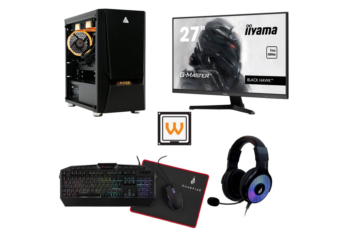 AZZA Luminous 110 Bundle Gaming-PC (27 Zoll, AMD Ryzen 5 5600X, RTX 3050 6GB, 16 GB RAM, 250 GB SSD, Wasserkühlung, Ryzen 5 5600X, RTX 3050 6GB, WLAN+BT, Windows 11 Pro, Wasserkühlung) von AZZA