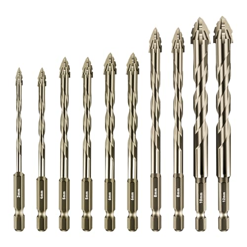 Aartner Bohrer Set 10 tlg, Fliesenbohrer Betonbohrer Glasbohrer Metallbohrer aus Wolframstahl, Universalbohrer (Goldgelb, 3+4+2x 5+2 x 6+ 2 x 8 +10+12 (mm)) von Aartner