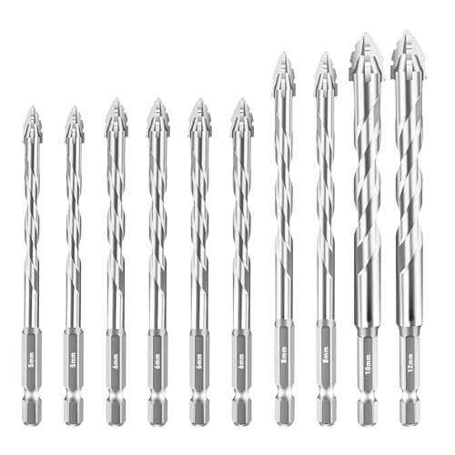 Aartner Bohrer Set 10 tlg, Fliesenbohrer Betonbohrer Glasbohrer Metallbohrer aus Wolframstahl, Universalbohrer (Silber, 2x 5+4 x 6+ 2 x 8 +10+12 (mm)) von Aartner