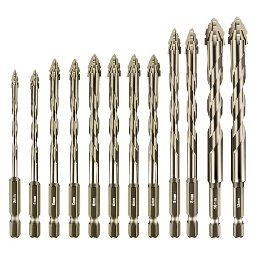 Aartner Bohrer Set 12 tlg, Fliesenbohrer Betonbohrer Glasbohrer Metallbohrer aus Wolframstahl, Universalbohrer (Goldgelb, 3+4+2x 5+4 x 6+ 2 x 8 +10+12 (mm)） von Aartner