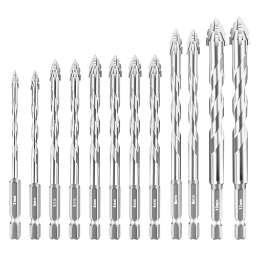 Aartner Bohrer Set 12 tlg, Fliesenbohrer Betonbohrer Glasbohrer Metallbohrer aus Wolframstahl, Universalbohrer (Silber, 3+4+2x 5+4 x 6+ 2 x 8 +10+12 (mm)) von Aartner