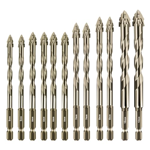 Aartner Bohrer Set 12tlg, Fliesenbohrer Betonbohrer Glasbohrer Metallbohrer aus Wolframstahl, Universalbohrer (Goldgelb, 2x 5+4 x 6+ 2 x7 + 2 x 8 +10+12 (mm)) von Aartner