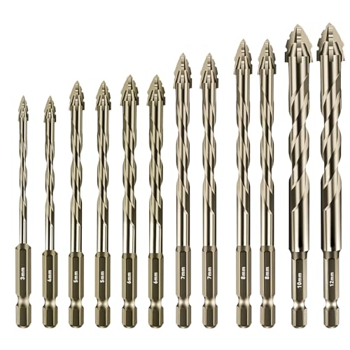 Aartner Bohrer Set 12tlg, Fliesenbohrer Betonbohrer Glasbohrer Metallbohrer aus Wolframstahl, Universalbohrer (Goldgelb, 3+4+2x 5+2x 6+ 2 x 7+2 x 8 +10+12 (mm)) von Aartner