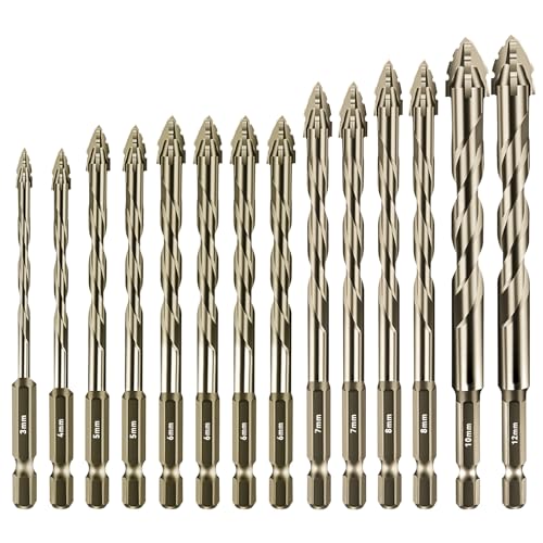 Aartner Bohrer Set 14tlg, Fliesenbohrer Betonbohrer Glasbohrer Metallbohrer aus Wolframstahl, Universalbohrer (Goldgelb, 3+4+2x 5+4 x 6+ 2 x7+2 x 8 +10+12 (mm)) von Aartner