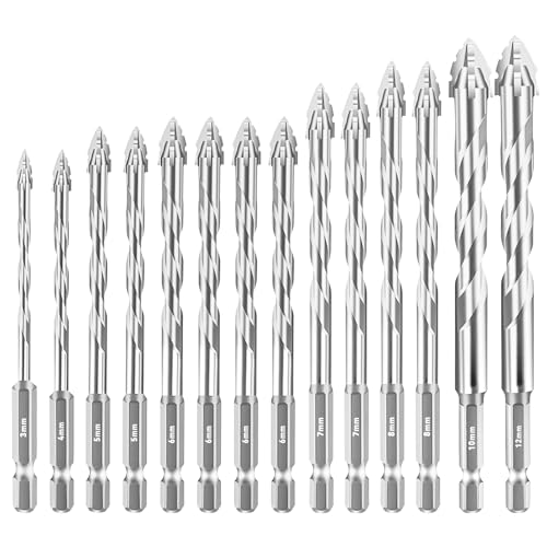 Aartner Bohrer Set 14tlg, Fliesenbohrer Betonbohrer Glasbohrer Metallbohrer aus Wolframstahl, Universalbohrer (Silber, 3+4+2x 5+4 x 6+ 2 x7+2 x 8 +10+12 (mm)) von Aartner