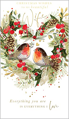 Abacus Weihnachtskarte für Ehefrau, Rotkehlchen-Herz-Kranz von Abacus Cards