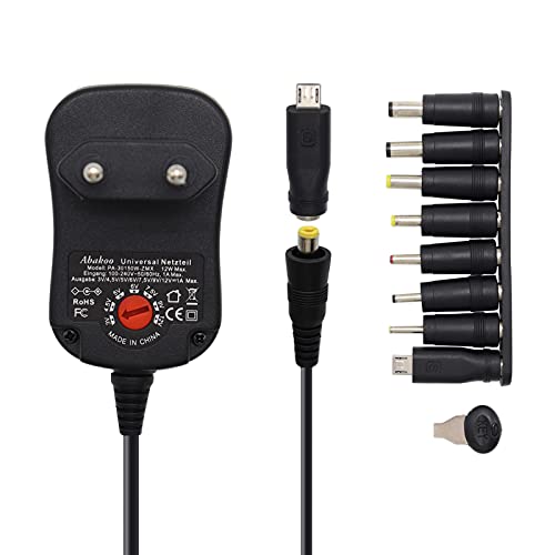 Abakoo 3-12V Universal Netzteil für 3V 4.5V 5V 6V 7.5V 9V 12V 1A Ladegerät für USB MP3-Players Radios Tablets Elektronik Geräte - max 12W / 1000mA, mit 8 Stecker DC von Abakoo
