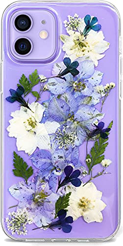 Abbery /iPhone 12 Pro, transparent, weiches TPU, flexibel, Gummi, gepresst, trocken, echte Blumen, Mädchen, Frau, für iPhone 12/12 Pro (15,5 cm), 5G 2020 Blumenhülle (marineblaue Blume) von Abbery