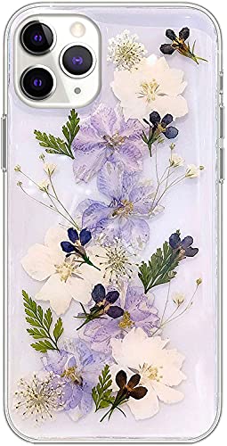 Abbery Entworfen für iPhone 11 Pro Max Gepresste Blume Hülle, Niedlich Klar mit Blumenmuster TPU Silikon Transparent Getrocknete Echte Lila Blume Trendy Ästhetik Handyhülle für Frauen Mädchen (Navy von Abbery