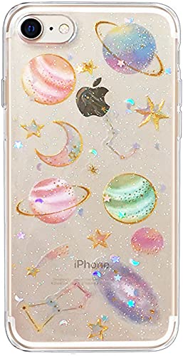 Abbery Für iPhone SE 2022/SE 2020 Hülle Mond Sterne, Niedlich Klar mit Design Ultra Dünn Bling Glitzer Weiches Silikon Weltraum Glänzend Glitzer Schutzhülle Handyhülle für iPhone 7/8 (Sterne Mond) von Abbery