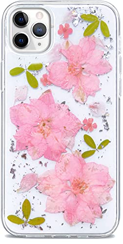 Abbery Handyhülle Kompatibel mit iPhone 11 Pro Max Hülle Blumen Motiv Glitzer Durchsichtig Dünne Transparente Silikon Echte Getrocknete Blumen Frauen Mädchen Stoßfeste Schutzhülle (3 Rosa Blumen) von Abbery