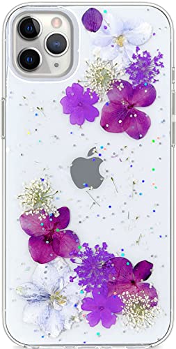 Abbery Handyhülle Kompatibel mit iPhone 11 Pro Max Hülle Blumen Motiv Glitzer Durchsichtig Dünne Transparente Silikon Echte Getrocknete Blumen Frauen Mädchen Stoßfeste Schutzhülle (Lila Blumen) von Abbery