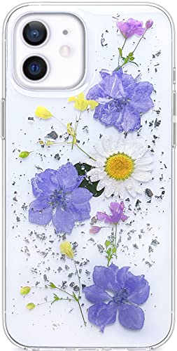 Abbery Handyhülle Kompatibel mit iPhone 12/12 Pro Hülle Echte Getrocknete Blumen Muster Motiv Glitzer Durchsichtig Silikon Frauen Mädchen Stoßfeste Schutzhülle (Violett Blumen) von Abbery