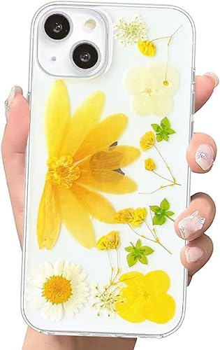 Abbery Handyhülle Kompatibel mit iPhone 13 Hülle Blumen Durchsichtig Dünne Transparente Weich TPU Echte Getrocknete Blumen Glitzer Handarbeit Frauen Mädchen Stoßfeste Schutzhülle (Gelb Blumen) von Abbery