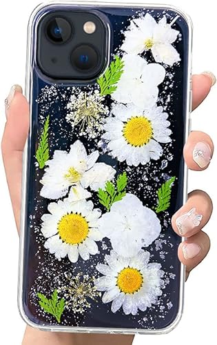 Abbery Handyhülle Kompatibel mit iPhone 13 Hülle Blumen Durchsichtig Dünne Transparente Weich TPU Echte Getrocknete Blumen Glitzer Handarbeit Frauen Mädchen Stoßfeste Schutzhülle (Weiß Daisy) von Abbery