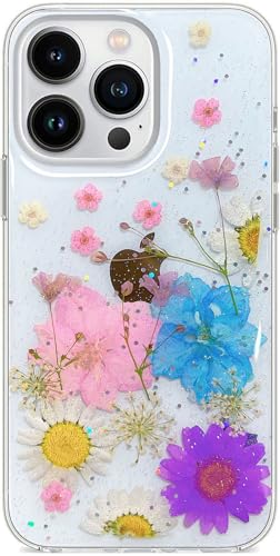 Abbery Handyhülle Kompatibel mit iPhone 13 Pro Hülle Blumen Durchsichtig Dünne Transparente Weich Silikon Echte Getrocknete Blumen Glitzer Handarbeit Frauen Mädchen Stoßfeste Schutzhülle (Blaues Pink) von Abbery