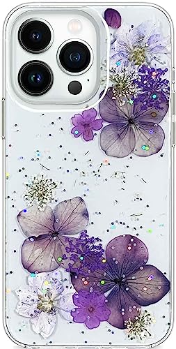 Abbery Handyhülle Kompatibel mit iPhone 13 Pro Hülle Durchsichtig Dünne Transparente Weich Silikon Echte Getrocknete Blumen Glitzer Handarbeit Frauen Mädchen Stoßfeste Schutzhülle (Grape Blumen) von Abbery