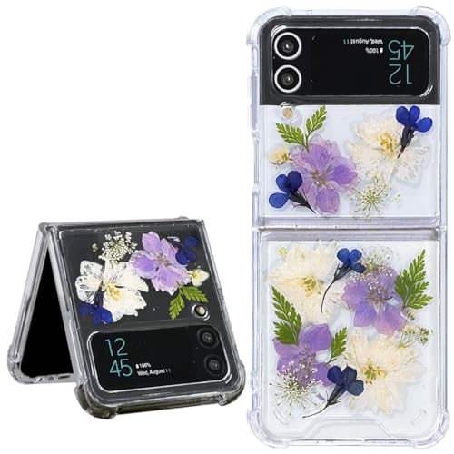 Abbery Handyhülle für Samsung Galaxy Z Flip 4 – Durchsichtig mit Blüten-Design (Navy Blüten, weiße Trockenblumen & Mini-Löwenzahn), Anti-Kratzer, Stoßfest – Schutzhülle für Frauen und Mädchen von Abbery