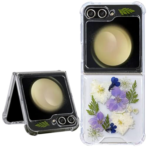 Abbery Handyhülle für Samsung Galaxy Z Flip 5/6 Durchsichtig mit Blüten-Design Navy Blume, weiße Trockenblumen & Mini-Löwenzahn Anti-Kratzer, Stoßfest – Schutzhülle für Frauen und Mädchen von Abbery