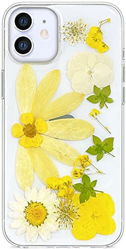 Abbery Handyhülle für iPhone 12 Mini Hülle Durchsichtig Echte Getrocknete Blumen Mit Motiv Muster Glitzer Dünne Transparente Silikon Frauen Mädchen Stoßfeste Schutzhülle (Gelb Blumen) von Abbery