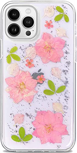 Abbery Handyhülle für iPhone 12 Pro Max Hülle Durchsichtig Echte Getrocknete Blumen Mit Motiv Muster Glitzer Dünne Transparente Silikon Frauen Mädchen Stoßfeste Schutzhülle (3 Rosa Blumen) von Abbery