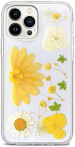 Abbery Handyhülle für iPhone 12 Pro Max Hülle Durchsichtig Echte Getrocknete Blumen Mit Motiv Muster Glitzer Dünne Transparente Silikon Frauen Mädchen Stoßfeste Schutzhülle (Gelb Blumen) von Abbery