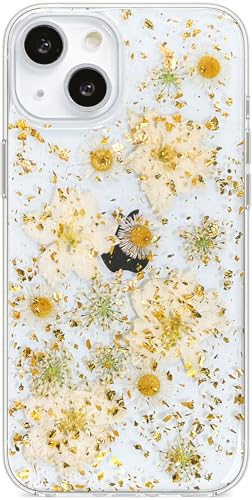 Abbery Handyhülle für iPhone 13 Hülle Blumen, Durchsichtig Dünne Transparente Weich Silikon Echte Getrocknete Blumen Glitzer Handarbeit Frauen Mädchen Stoßfeste Schutzhülle (Gold Daisy) von Abbery