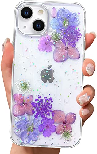 Abbery Handyhülle für iPhone 13 Hülle Blumen Durchsichtig Dünne Transparente Weich TPU Echte Getrocknete Blumen Glitzer Handarbeit Frauen Mädchen Geschenk Stoßfeste Schutzhülle (Grape Blumen) von Abbery