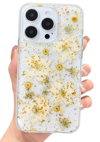 Abbery Handyhülle für iPhone 13 Pro Hülle Blumen, Durchsichtig Dünne Transparente Weich Silikon Echte Getrocknete Blumen Glitzer Handarbeit Frauen Mädchen Stoßfeste Schutzhülle (Gold Daisy) von Abbery