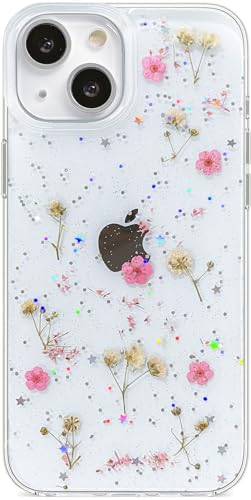 Abbery Handyhülle für iPhone 15 Hülle Durchsichtig Mit Echte Getrocknete Rosa Blumen Motiv Muster Glitzer Sparkle Silikon Frauen Mädchen Stoßfeste Anti-Kratzer Schutzhülle Cover von Abbery