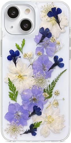 Abbery Handyhülle für iPhone 15 Plus/14 Plus Hülle Durchsichtig Mit Echte Getrocknete blau weiß Blumen Motiv Muster Silikon Frauen Mädchen Stoßfeste Anti-Kratzer Schutzhülle Cover von Abbery