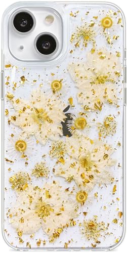 Abbery Handyhülle für iPhone 15 Plus/14 Plus Hülle Durchsichtig Mit Echte Getrocknete weiß Blumen Motiv Muster Gold Sparkle Silikon Frauen Mädchen Stoßfeste Anti-Kratzer Schutzhülle von Abbery