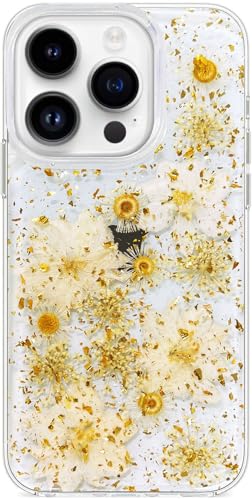 Abbery Handyhülle für iPhone 15 Pro Hülle Durchsichtig Mit Echte Getrocknete Gelb Gold Blumen Motiv Muster Glitzer Sparkle Silikon Frauen Mädchen Stoßfeste Anti-Kratzer Schutzhülle Cover von Abbery