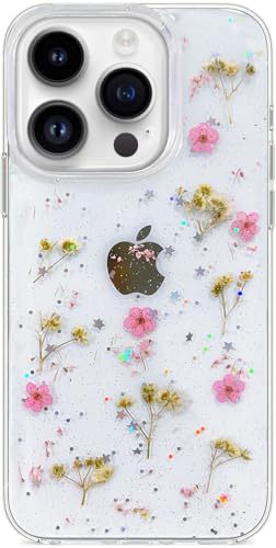 Abbery Handyhülle für iPhone 15 Pro Hülle Durchsichtig Mit Echte Getrocknete Rosa Blumen Motiv Muster Glitzer Sparkle Silikon Frauen Mädchen Stoßfeste Anti-Kratzer Schutzhülle Cover von Abbery