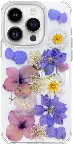 Abbery Handyhülle für iPhone 15 Pro Hülle Durchsichtig Mit Echte Getrocknete Violett Lila Blumen Motiv Muster Silikon Frauen Mädchen Stoßfeste Anti-Kratzer Schutzhülle Cover von Abbery