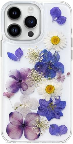 Abbery Handyhülle für iPhone 15 Pro Max Hülle Durchsichtig Mit Echte Getrocknete Blumen Weltraum Motiv Muster Glitzer Silikon Frauen Mädchen Stoßfeste Anti-Kratzer (Traube, für iPhone 15 Pro Max) von Abbery