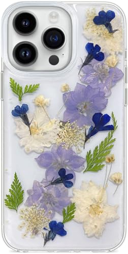 Abbery Handyhülle für iPhone 15 Pro Max Hülle Durchsichtig Mit Echte Getrocknete Blumen Weltraum Motiv Muster Glitzer Silikon Frauen Mädchen Stoßfeste Anti-Kratzer (Violett, für iPhone 15 Pro Max) von Abbery