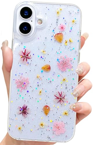Abbery Handyhülle für iPhone 16 Hülle Blumen Glitzer Muster Klar/Durchsichtig Mit Getrockneten Cherry Blossom Blumen Motiv TPU Frauen Mädchen Aesthetic Süß Stoßfest Anti-Kratzer Schutzhülle (Rosa) von Abbery