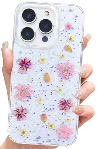 Abbery Handyhülle für iPhone 16 Pro Hülle Blumen Glitzer Muster Klar/Durchsichtig Mit Getrockneten Rosa Blumen Motiv TPU Frauen Mädchen Süß Stoßfest Anti-Kratzer Schutzhülle Cover (Cherry Blossom) von Abbery
