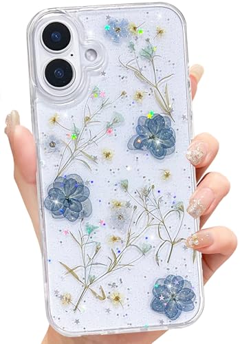 Abbery Handyhülle für iPhone 16 Hülle Blumen Glitzer Muster Klar/Durchsichtig Mit Getrockneten Blau Blumen Motiv TPU Frauen Mädchen Aesthetic Süß Stoßfest Anti-Kratzer Schutzhülle (Violett) von Abbery